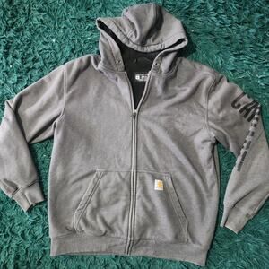 Carhartt Zip Hoodie Gray Loose Fit Sleeve Logo Fleece Lined Size M
